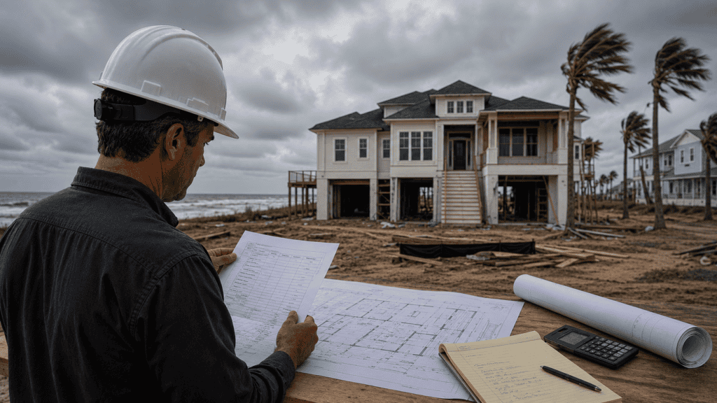 Cost to Build a House in Galveston, TX: The 2026 Pricing Guide building contractor looking over plans on the coast